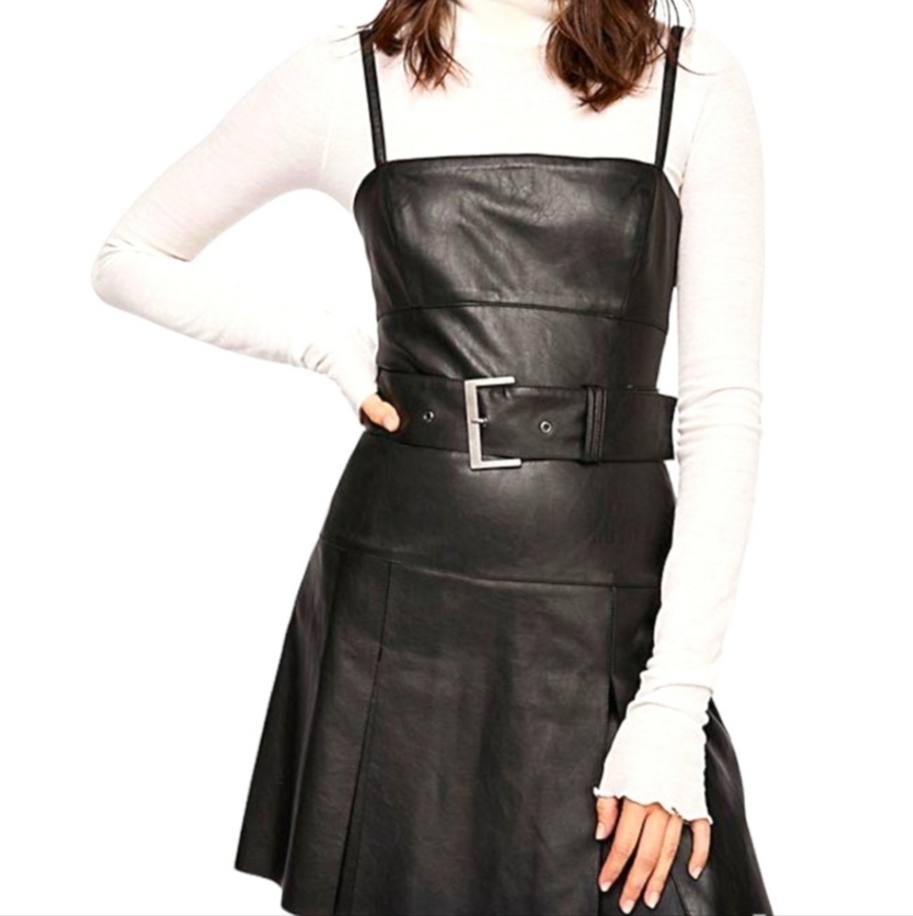 Free People Pleated Vegan Leather Boho Mini Buckle Moto Biker Black Dress Size 0